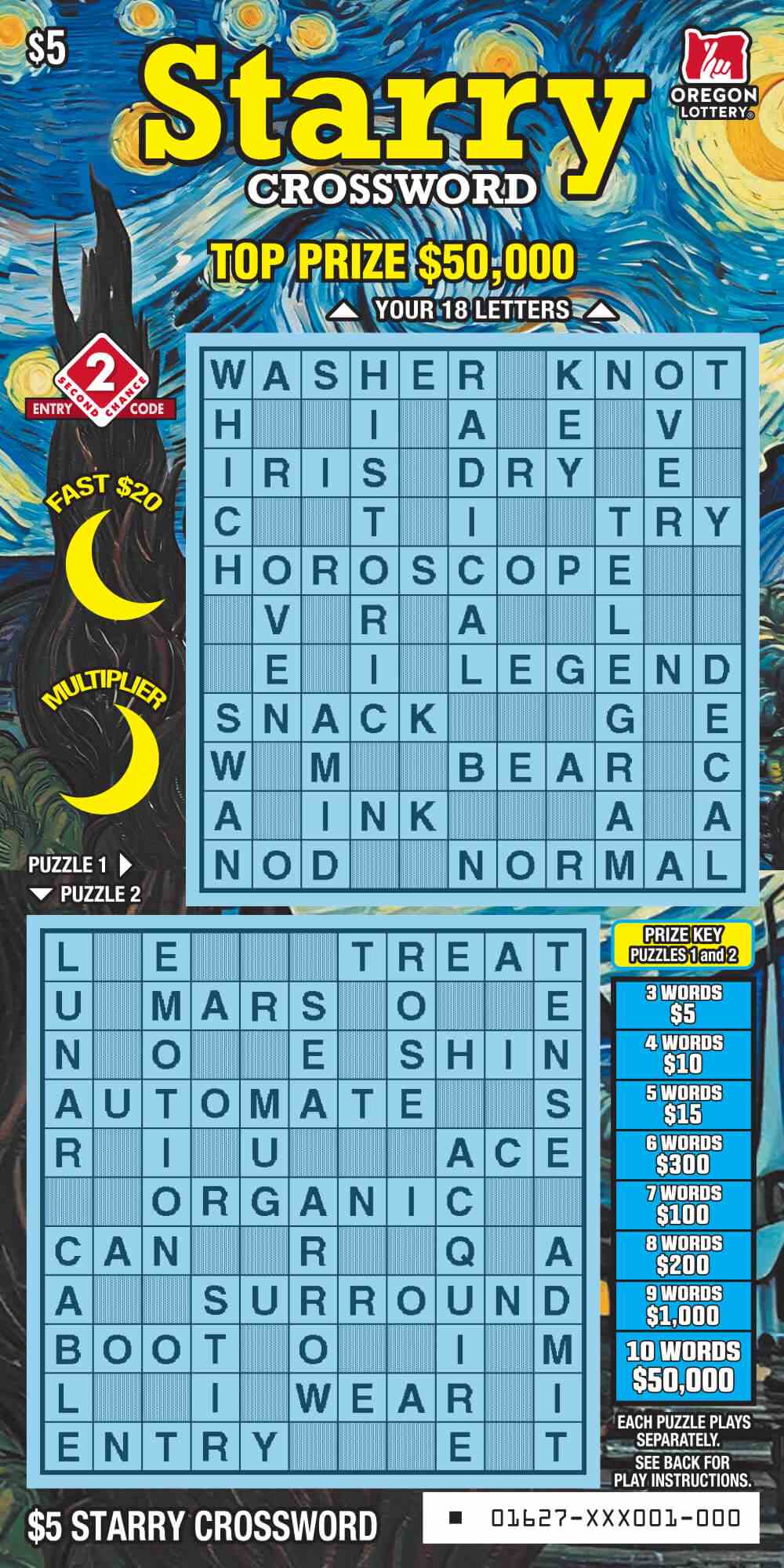 Starry Crossword scratchcard - game number #1627 - front