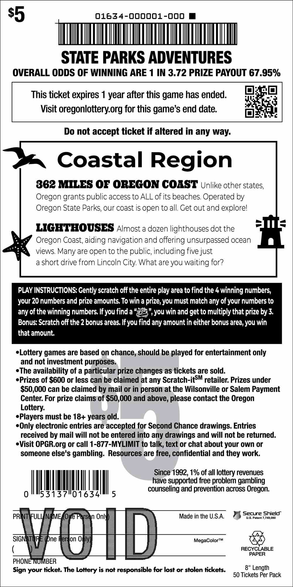 State Parks Adventures scratchcard - game number #1634 - back