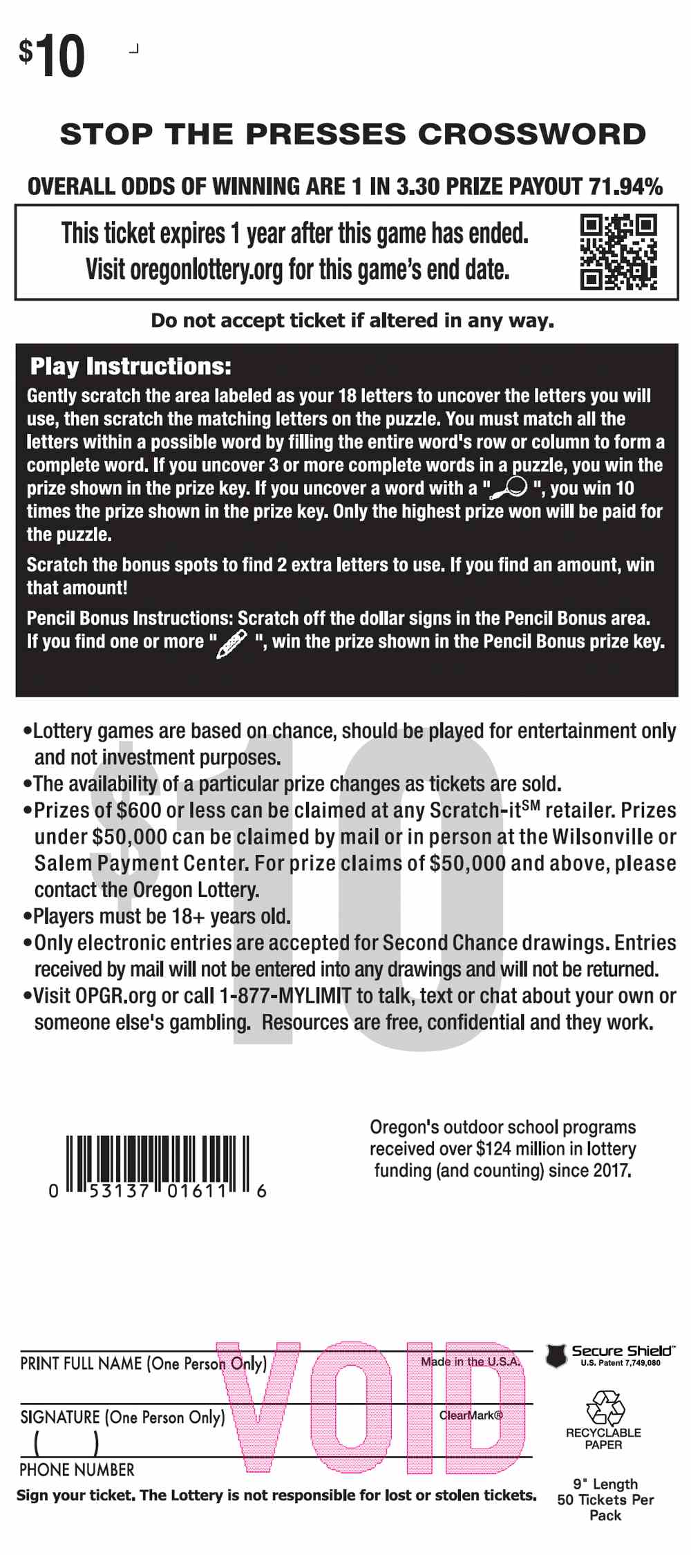 Stop The Presses Crossword scratchcard - game number #1611 - back