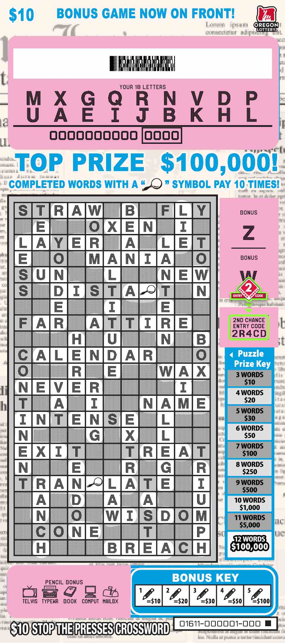 Stop The Presses Crossword scratchcard - game number #1611 - front-scratched
