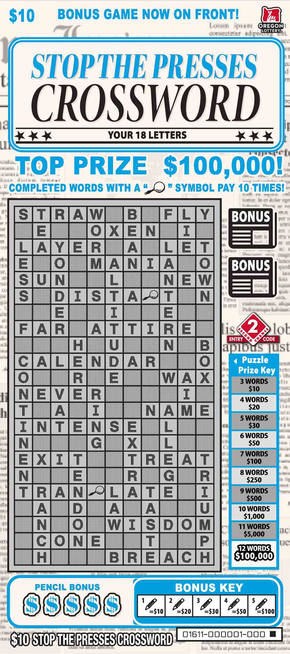Stop The Presses Crossword scratchcard - game number #1611 - front