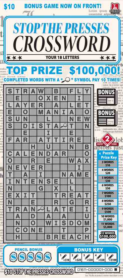 Stop The Presses Crossword scratchcard - game number #1611 - front