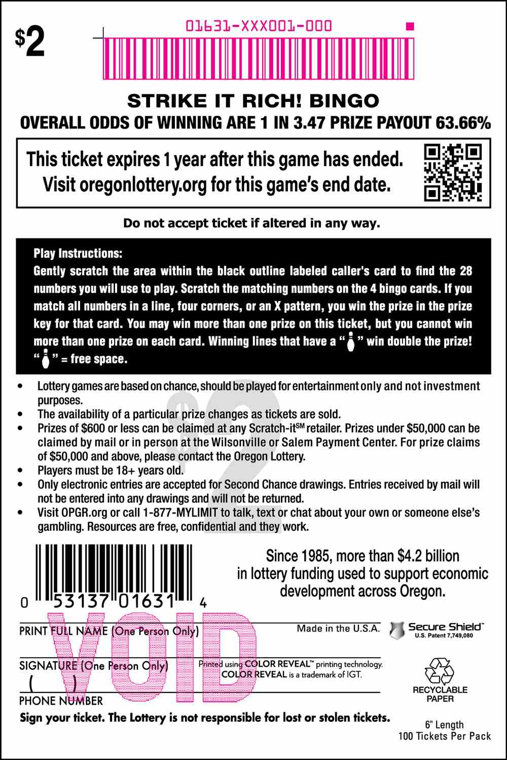 Strike It Rich! Bingo scratchcard - game number #1631 - back