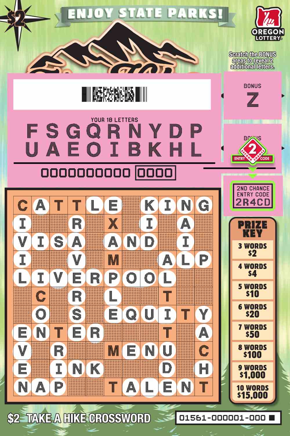 Take A Hike Crossword scratchcard - game number #1561 - front-scratched