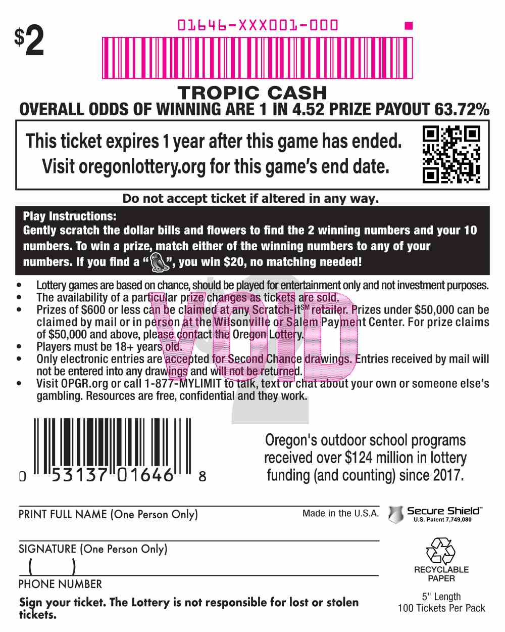 Tropic Cash scratchcard - game number #1646 - back