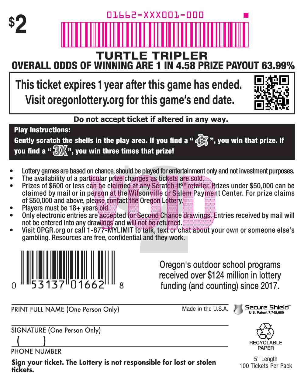 Turtle Tripler scratchcard - game number #1662 - back