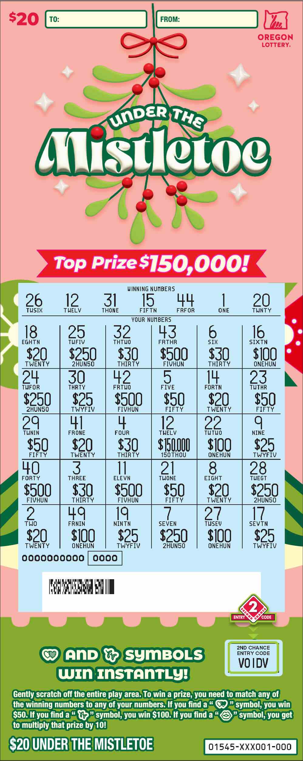 Under the Mistletoe scratchcard - game number #1545 - front-scratched