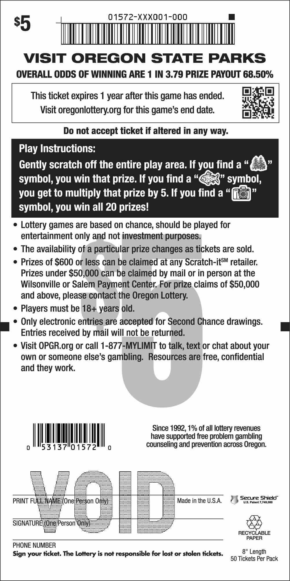 Visit Oregon State Parks scratchcard - game number #1572 - back