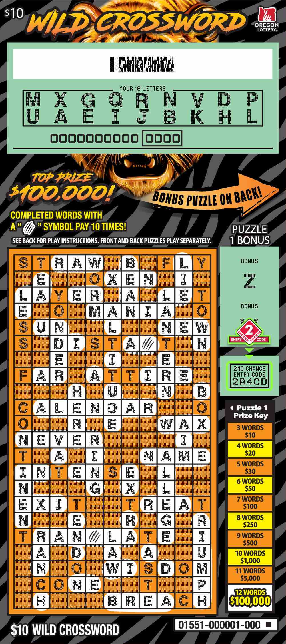 Wild Crossword scratchcard - game number #1551 - front-scratched