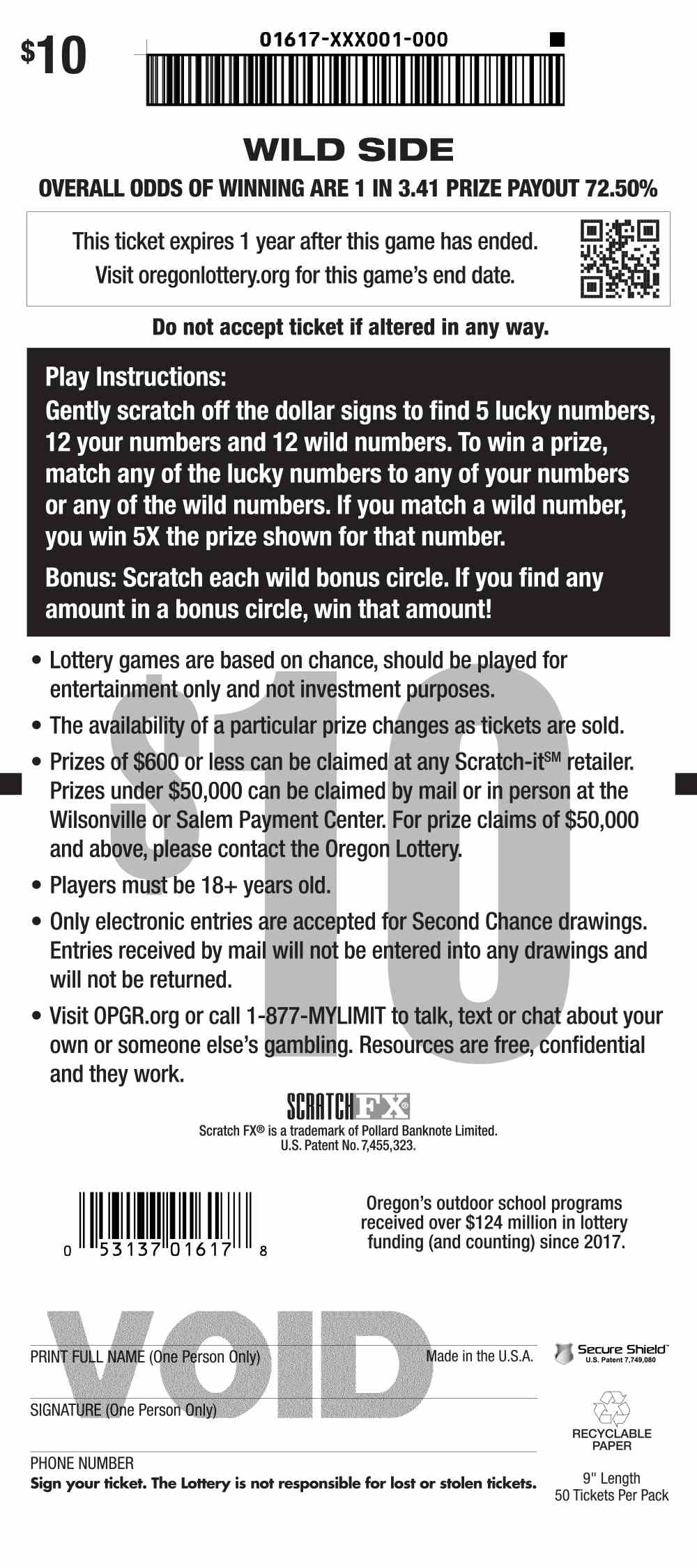 Wild Side scratchcard - game number #1617 - back