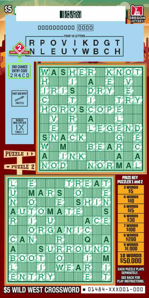 Wild West Crossword scratchcard - game number #1484 - front-scratched