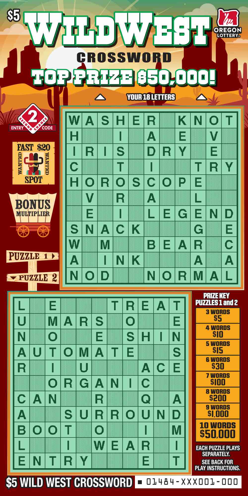 Wild West Crossword scratchcard - game number #1484 - front