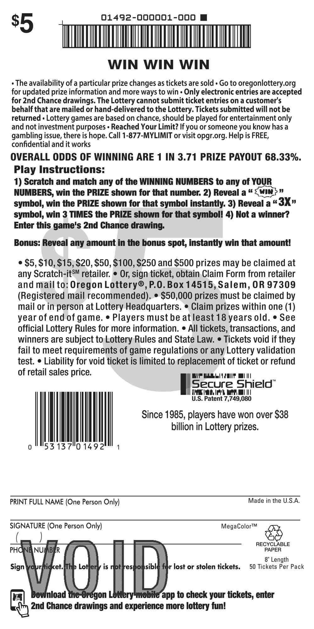 Win Win Win scratchcard - game number #1492 - back