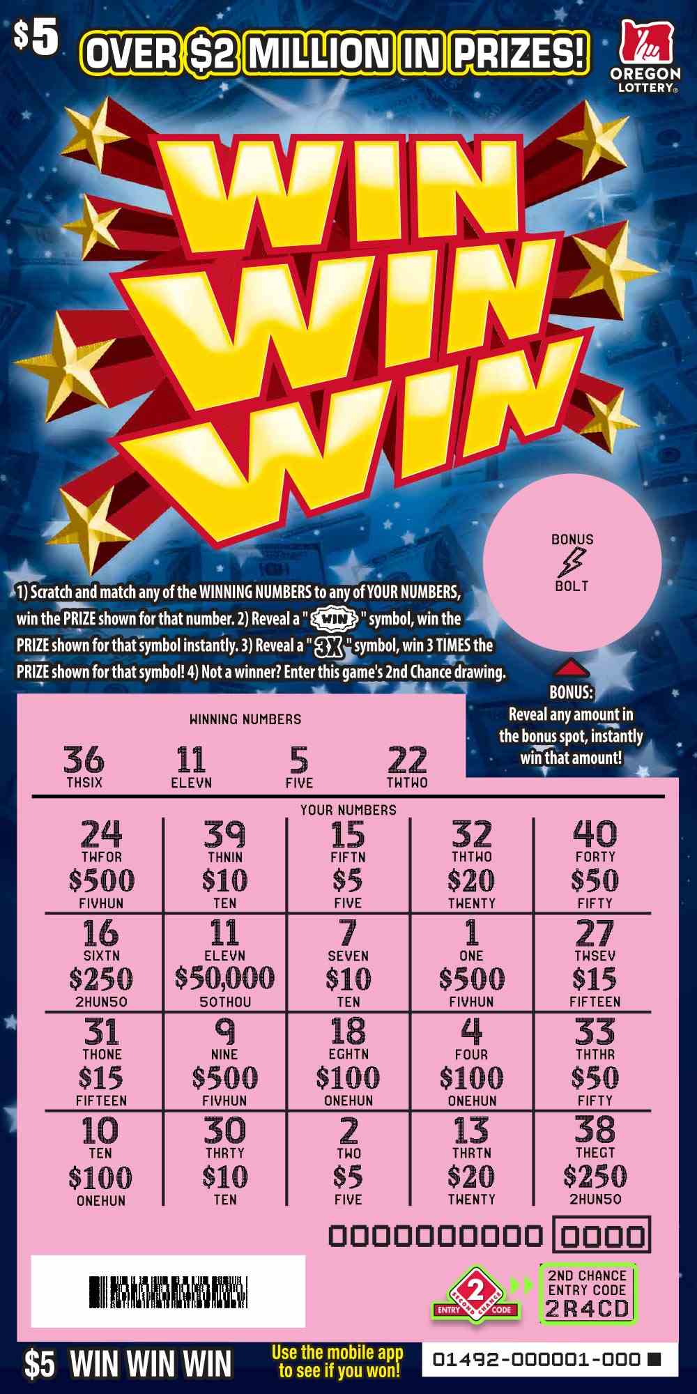 Win Win Win scratchcard - game number #1492 - front-scratched