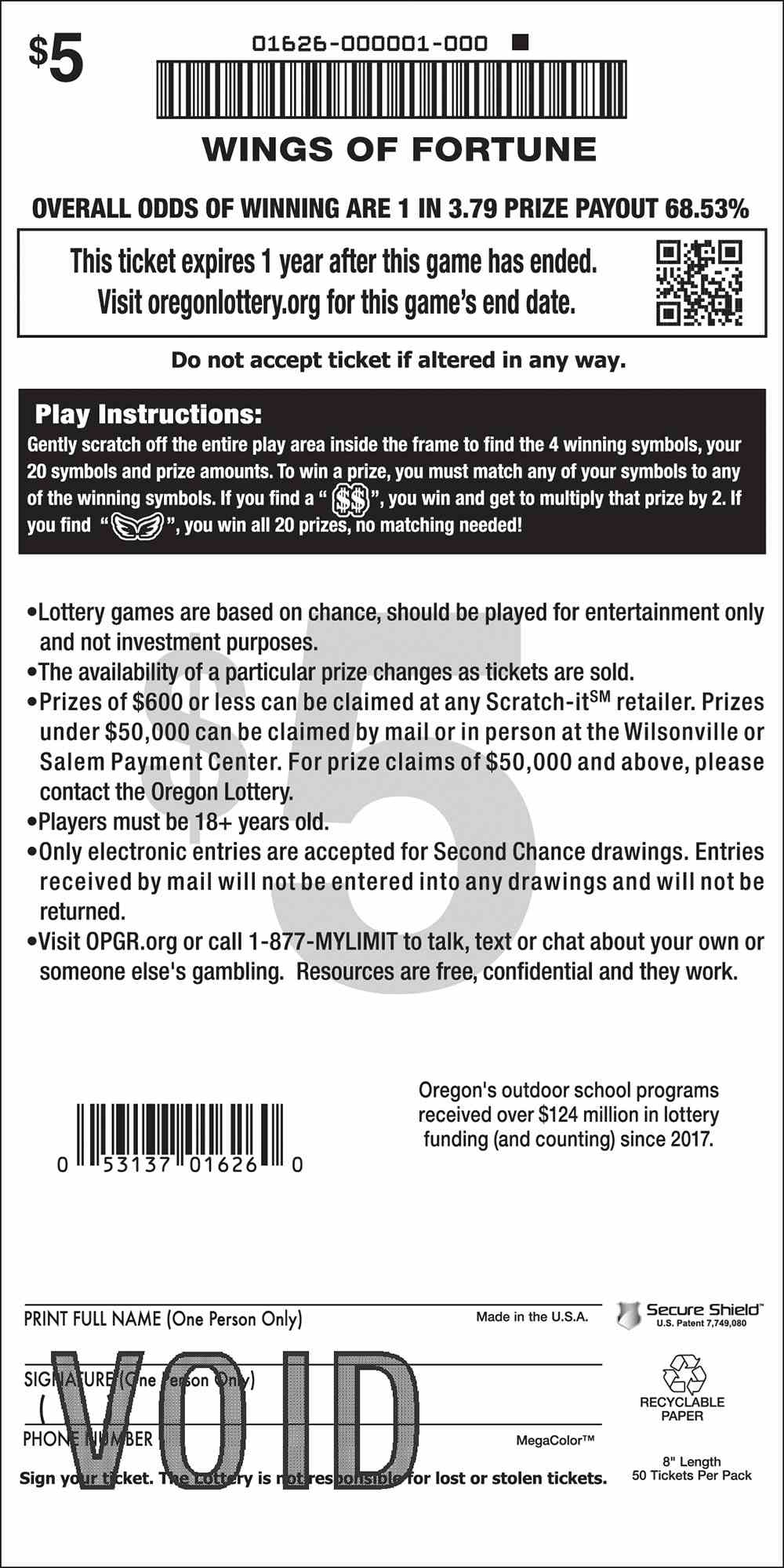 Wings Of Fortune scratchcard - game number #1626 - back