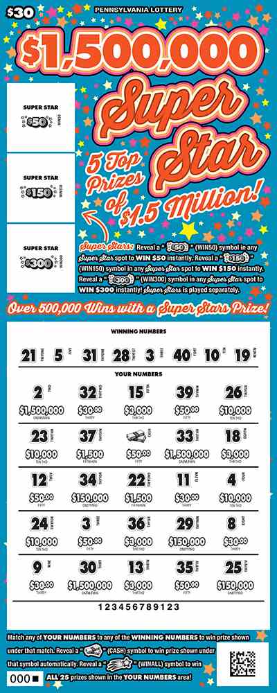 $1,500,000 Super Star scratchcard - game number #3364 - front-scratched