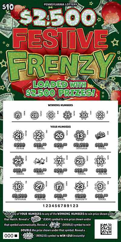 $2,500 Festive Frenzy scratchcard - game number #3331 - front-scratched