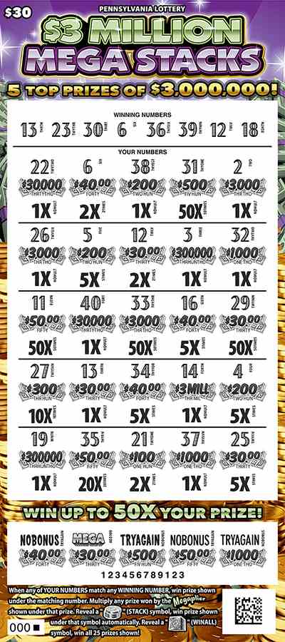 $3 Million Mega Stacks scratchcard - game number #3201 - front-scratched