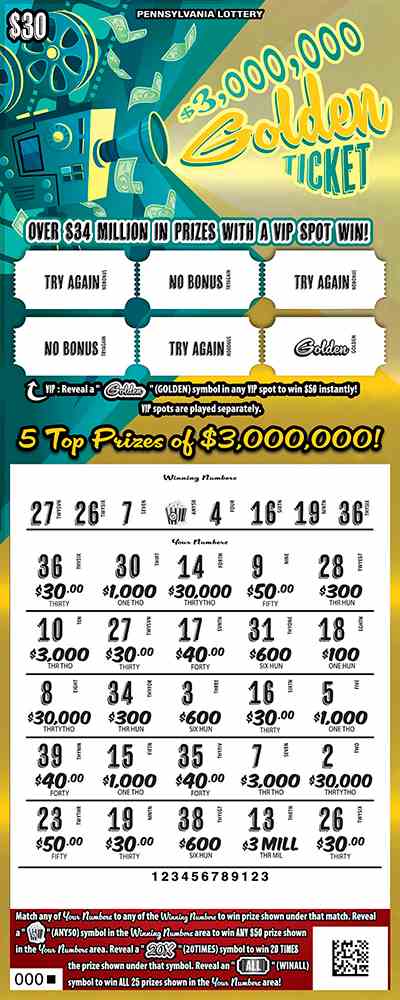 $3,000,000 Golden Ticket scratchcard - game number #3277 - front-scratched