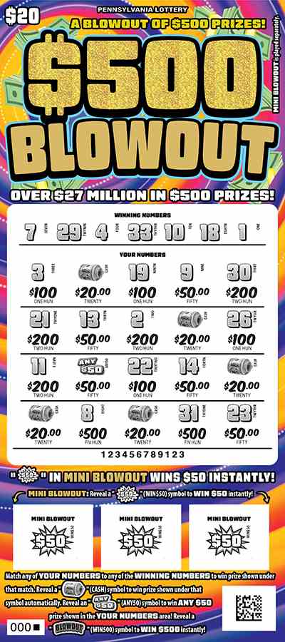 $500 Blowout scratchcard - game number #3348 - front-scratched