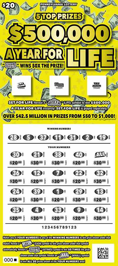 $500,000 A Year For Life scratchcard - game number #3337 - front-scratched