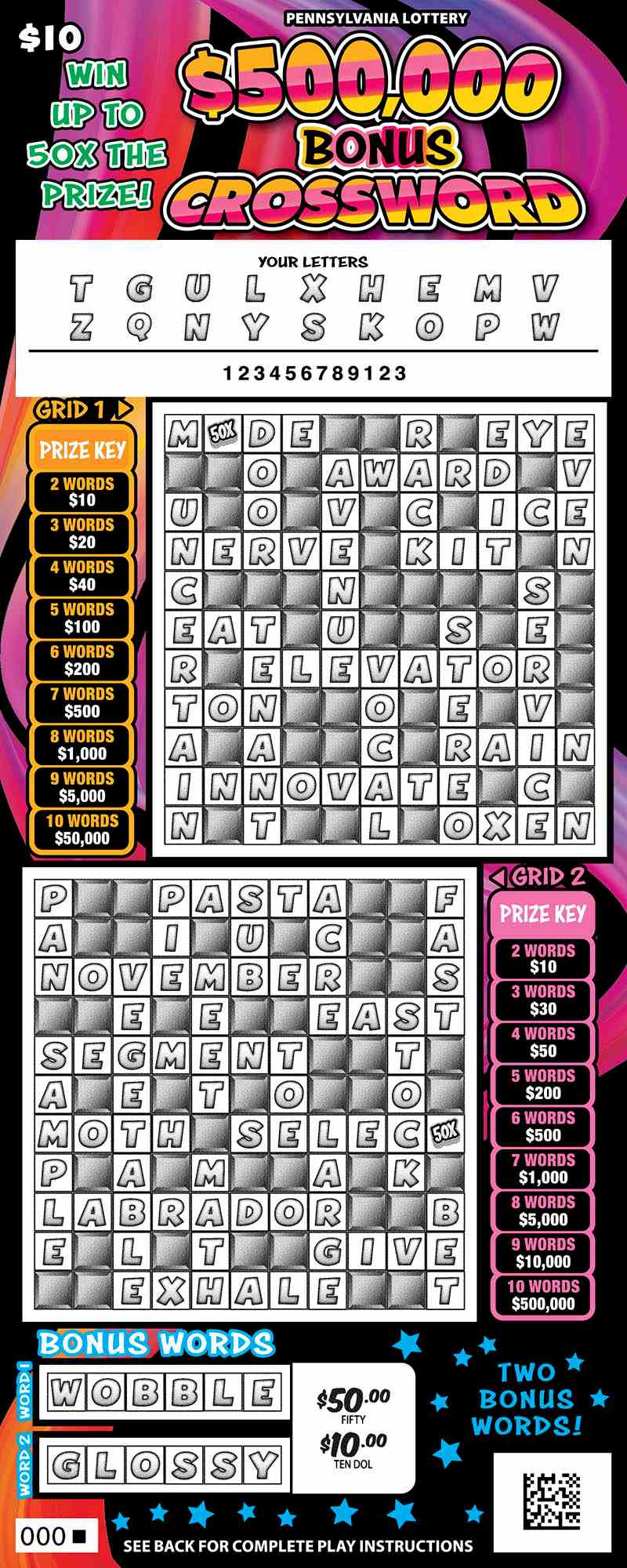 $500,000 Bonus Crossword scratchcard - game number #3273 - front-scratched