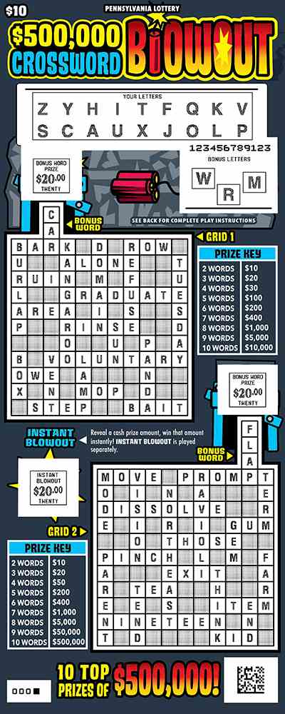 $500,000 Crossword Blowout scratchcard - game number #3237 - front-scratched