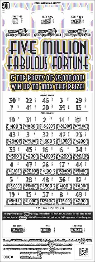 Five Million Fabulous Fortune scratchcard - game number #3188 - front-scratched