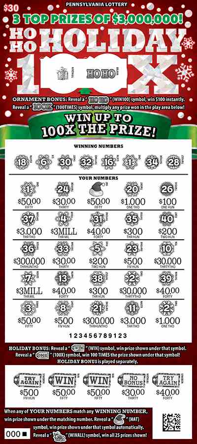 Ho Ho Holiday 100X scratchcard - game number #3230 - front-scratched