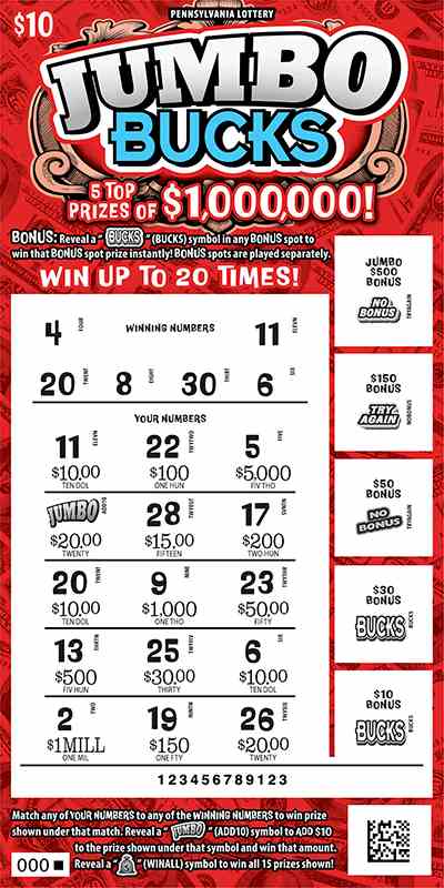 Jumbo Bucks scratchcard - game number #3269 - front-scratched