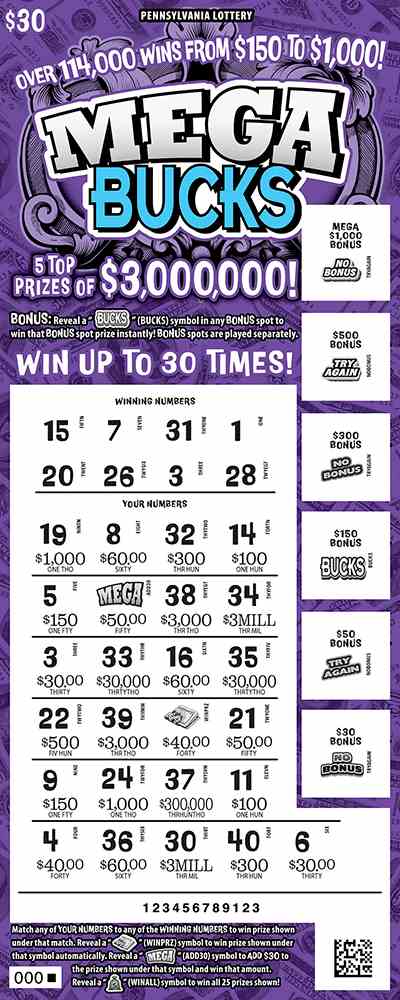 Mega Bucks scratchcard - game number #3268 - front-scratched