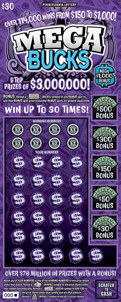 Mega Bucks scratchcard - game number #3268 - front