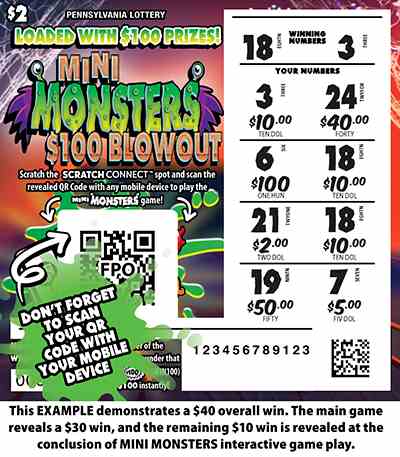 Mini Monsters $100 Blowout scratchcard - game number #3328 - front-scratched