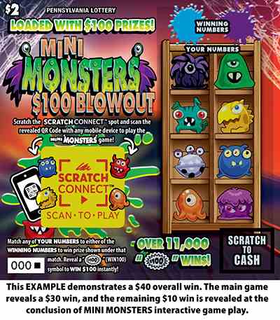 Mini Monsters $100 Blowout scratchcard - game number #3328 - front