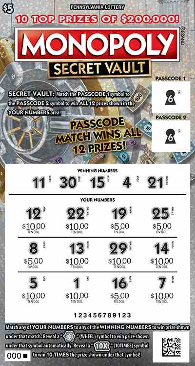 Monopoly Secret Vault scratchcard - game number #3313 - front-scratched