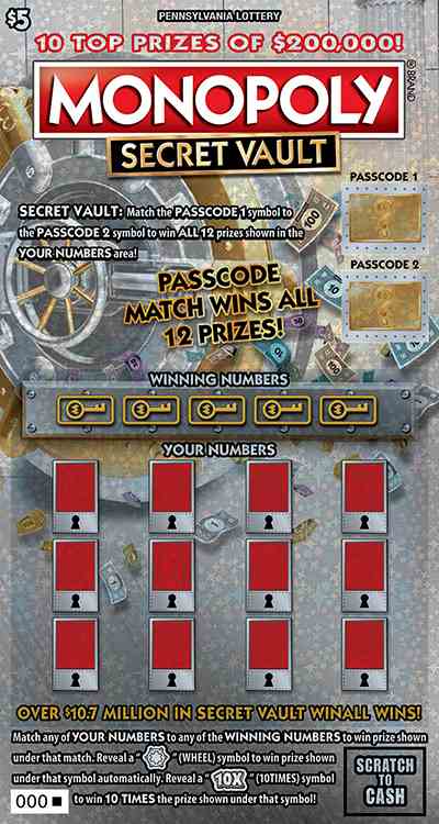Monopoly Secret Vault scratchcard - game number #3313 - front