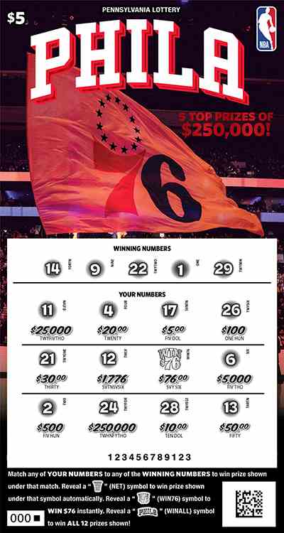 Philadelphia 76Ers scratchcard - game number #3344 - front-scratched