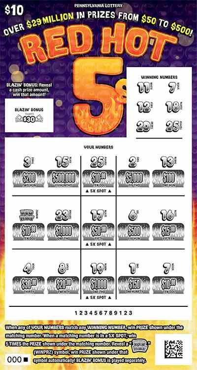 Red Hot 5s scratchcard - game number #3255 - front-scratched