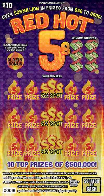 Red Hot 5s scratchcard - game number #3255 - front