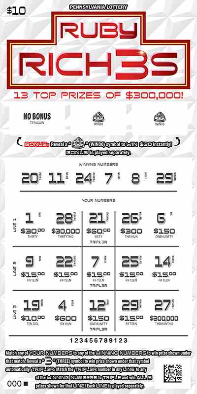 Ruby Rich3s scratchcard - game number #3360 - front-scratched
