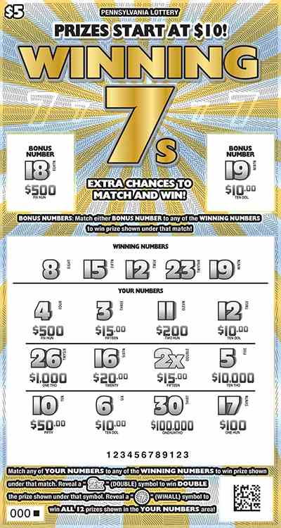 Winning 7S scratchcard - game number #3326 - front-scratched