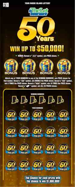 $10 - 50 Years scratchcard - game number #1423 - front