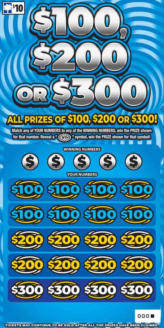 $100, $200, Or $300 scratchcard - game number #1598 - front