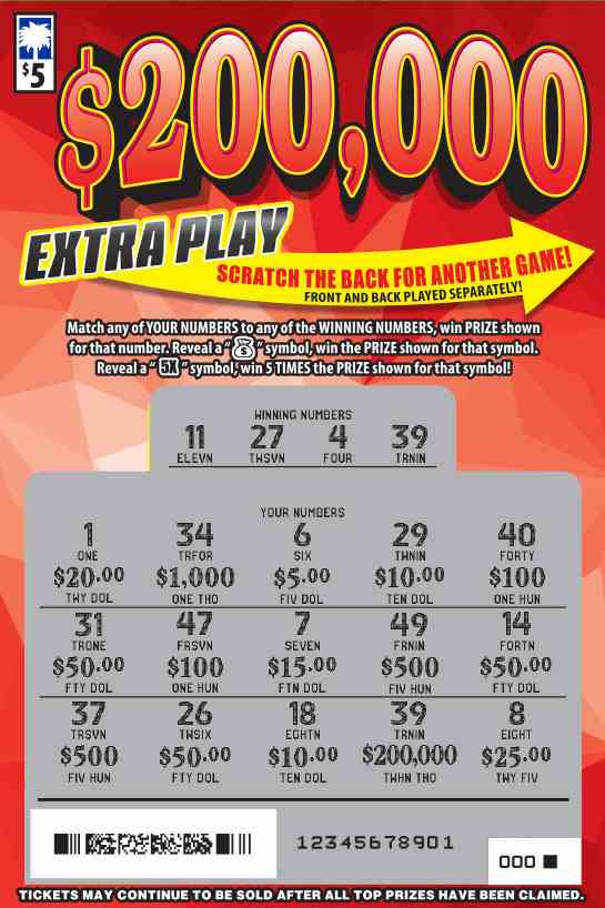 $200,000 Extra Play scratchcard - game number #1659 - front-scratched