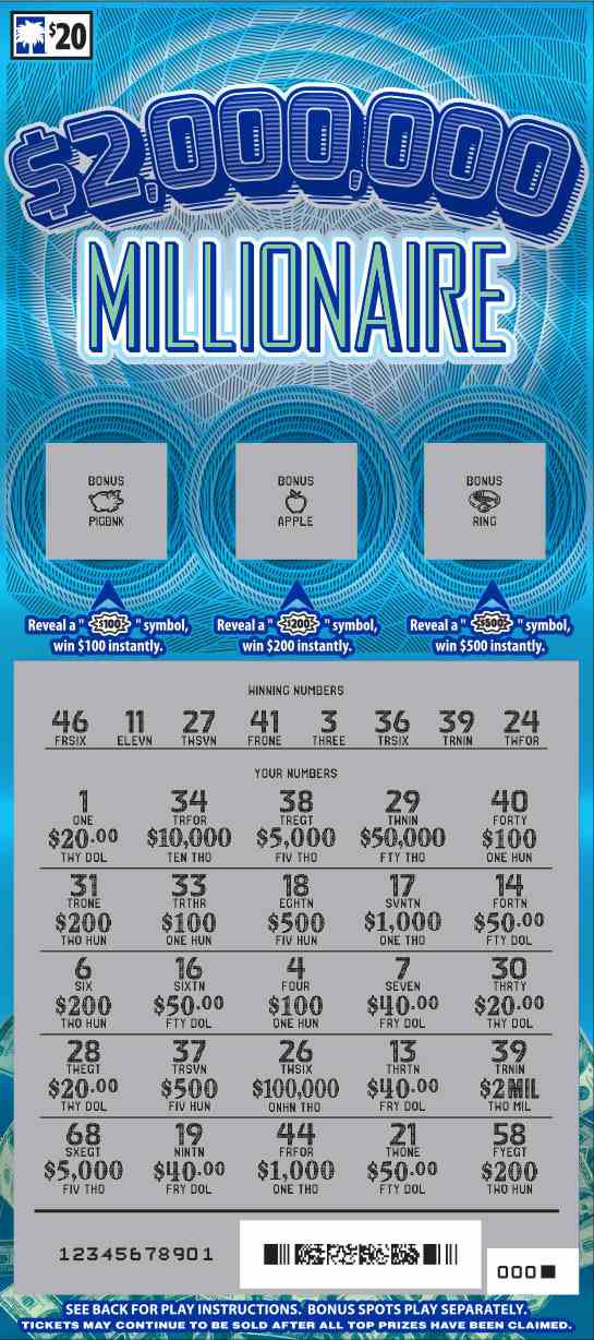 $2,000,000 Millionaire scratchcard - game number #1570 - front-scratched