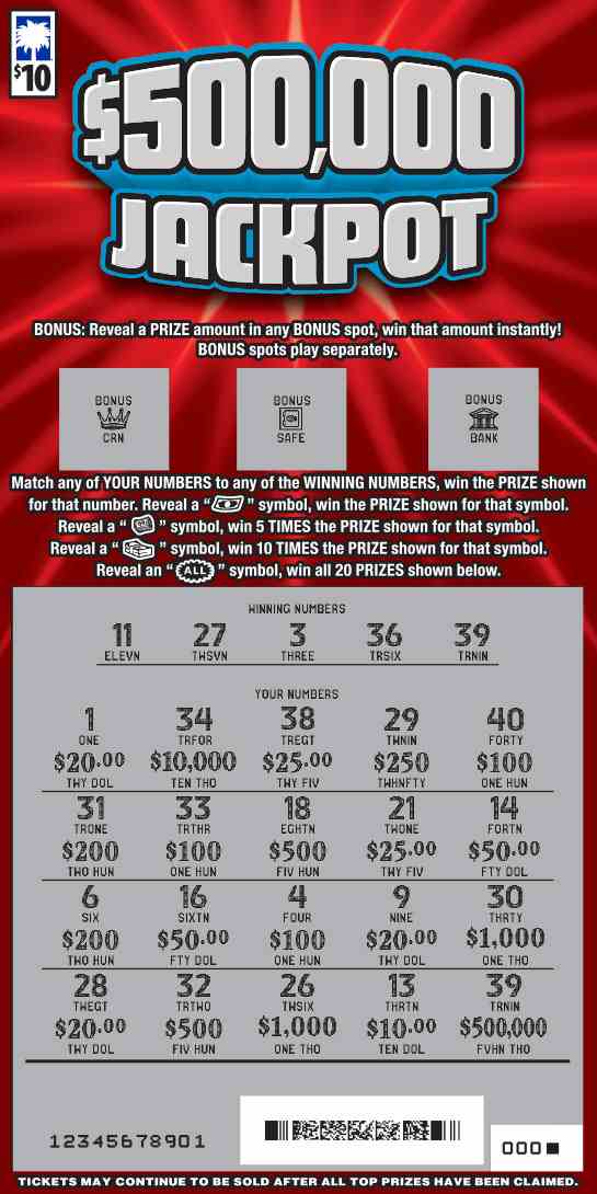 $500,000 Jackpot scratchcard - game number #1609 - front-scratched