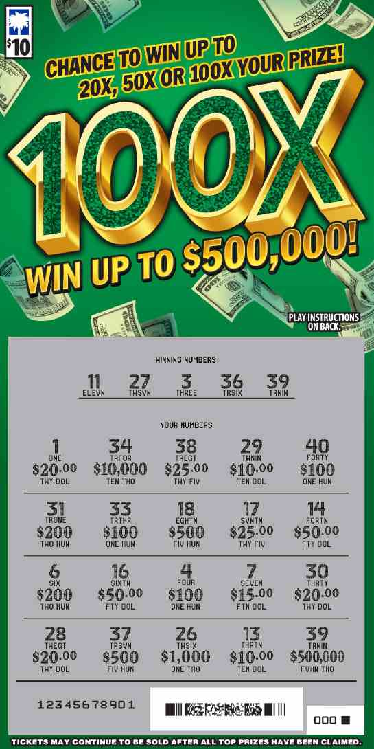 100X scratchcard - game number #1603 - front-scratched