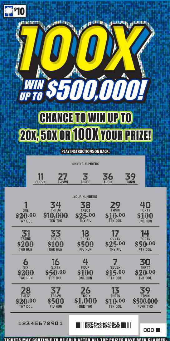100X scratchcard - game number #1664 - front-scratched
