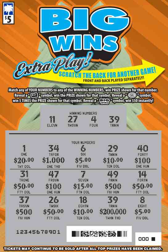 Big Wins Extra Play scratchcard - game number #1597 - front-scratched