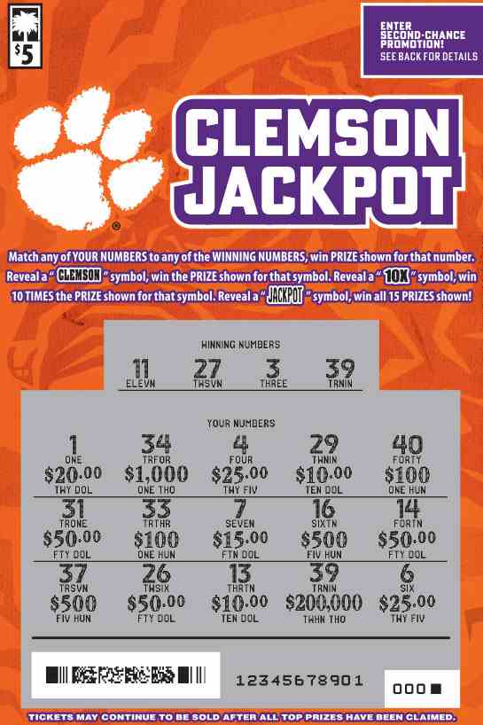 Clemson Jackpot scratchcard - game number #1632 - front-scratched